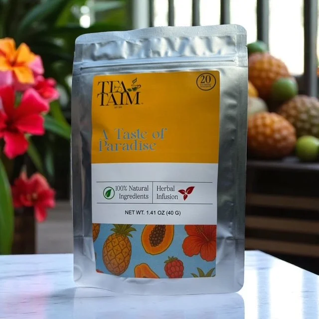Tropical Paradise herbal tea with vanilla, hibiscus, pineapple, and papaya