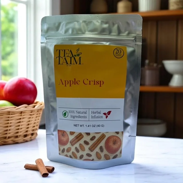 Apple Crisp black tea with real apple bits, raisins, and almonds