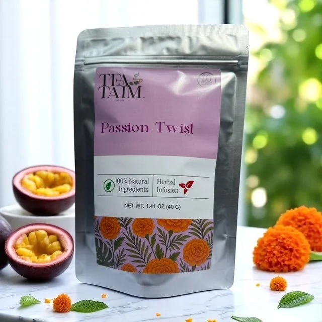 Passion Twist black tea with tropical fruits and marigold flowers